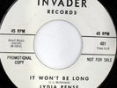 rare Soul 45 LYDIA PENSE it won't be long INVADER