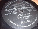 78RPM Columbia Disc Record (One Sided) 451 Male Vocal Quartette, Dixie Land wVV-
