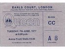QUEEN : A Day At The Races 1977 Earls Court London UK Tour Concert Ticket Stub