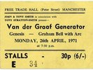 Van Der Graaf Generator Genesis Free Trade Hall, Manchester 26/4/71 Ticket