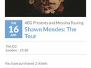 2 x Shawn Mendes The Tour Tickets - The O2 Arena London Tuesday 16 April 2019