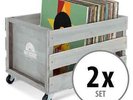 2x Rangement Vinyles Caisse Range en Bois Retro 100 LP Disques 4 Roulettes Gris