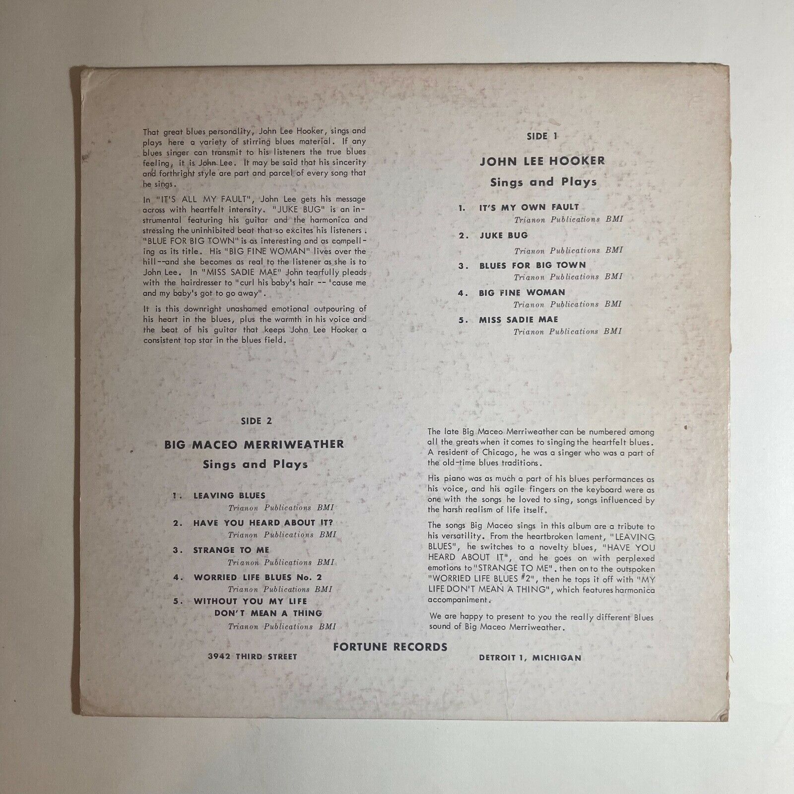 Pic 1 BIG MACEO MERRIWEATHER JOHN LEE HOOKER   1963 ORIG RARE LP   FORTUNE LABEL