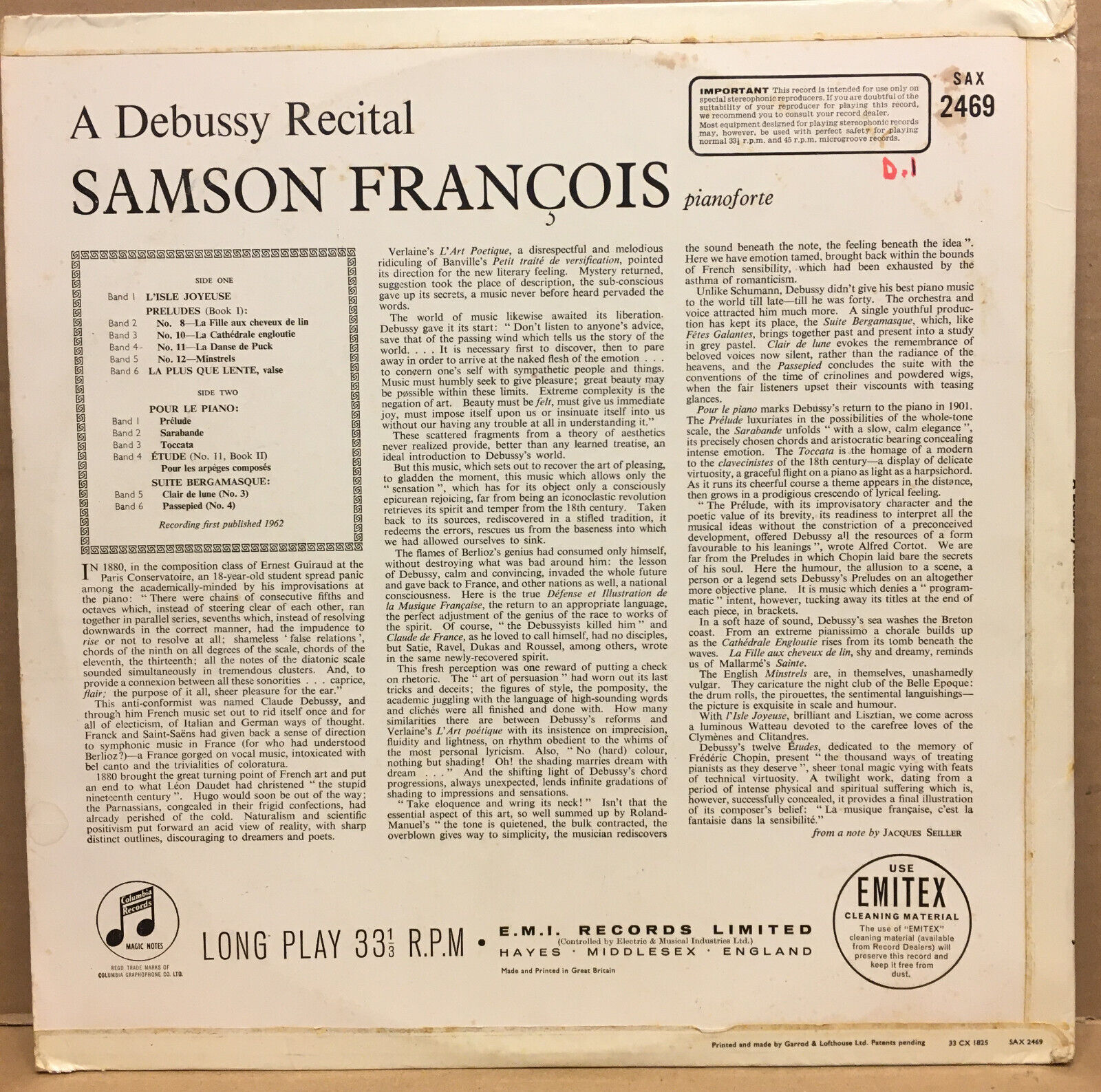 Pic 1 A DEBUSSY RECITAL SAMSON FRANÇOIS 1962 SAX 2469