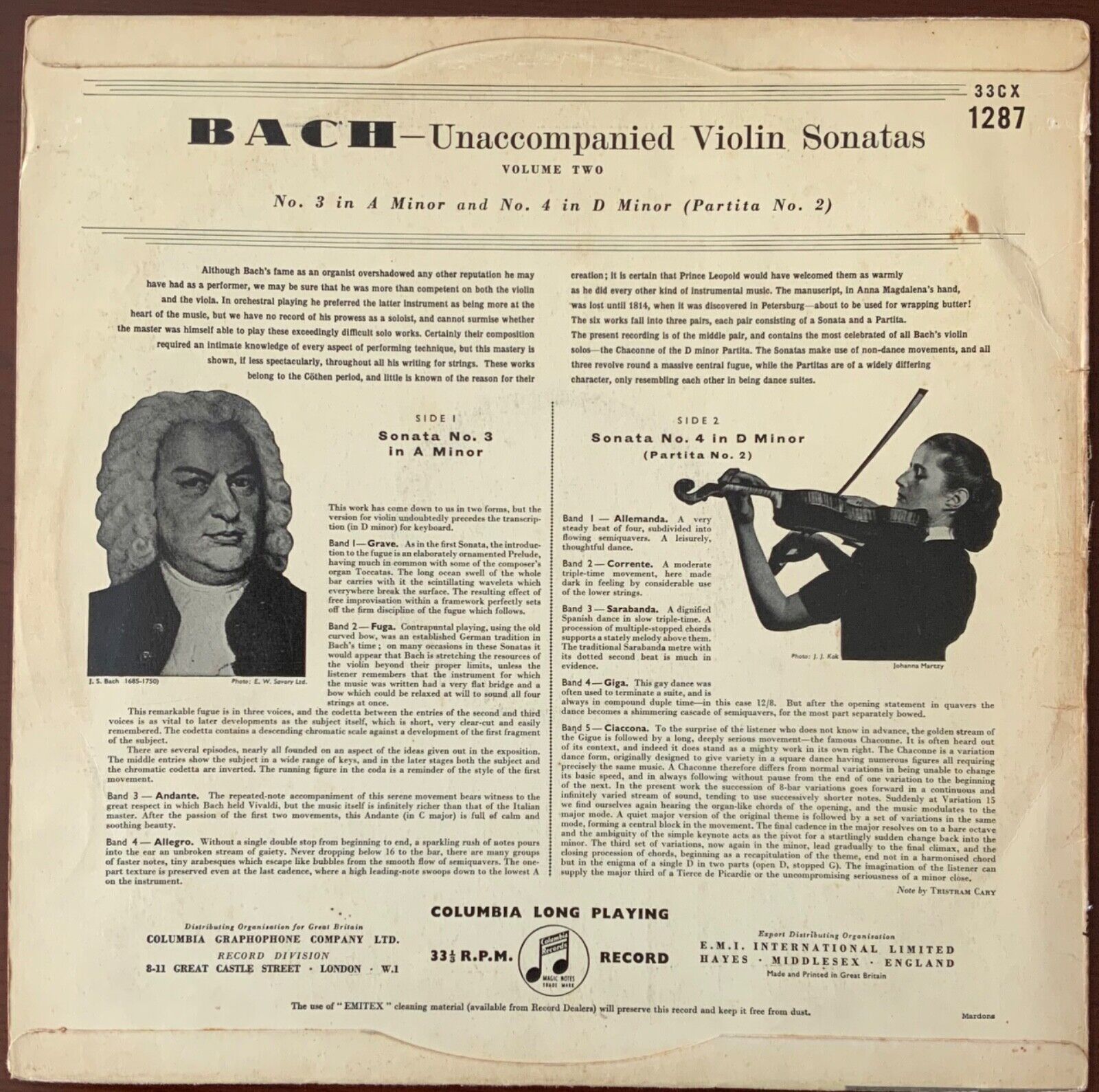 Pic 1 33CX1287 - Bach - The Unaccompanied Violin Sonatas - Johanna MARTZY 1ST ED 1N/3N