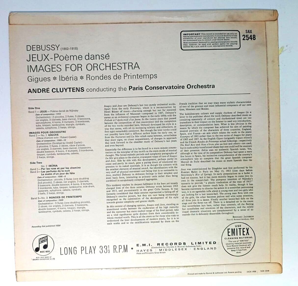 Pic 1 ANDRE CLUYTENS - DEBUSSY JEUX IMAGES TEST PRESSING SAX 2548