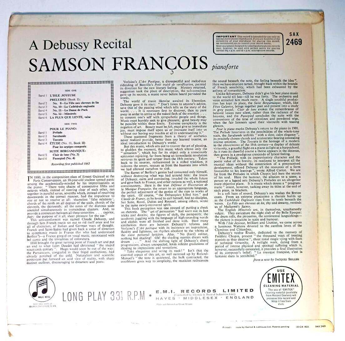 Pic 1 SAMSON FRANCOIS - DEBUSSY RECITAL TEST PRESSING SAX 2469