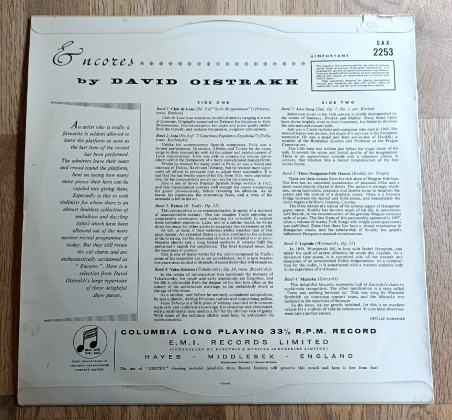 Pic 1 SAX 2253 David Oistrakh LP Encores UK Columbia Stereo 1st Press Blue Silver EX