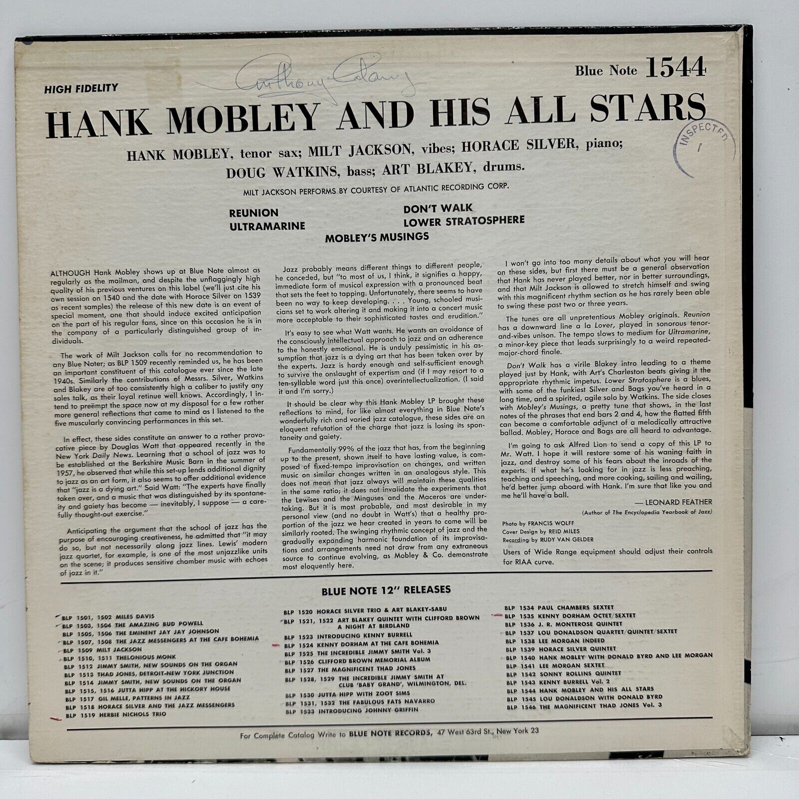 Pic 1 Hank Mobley on Blue Note 1544