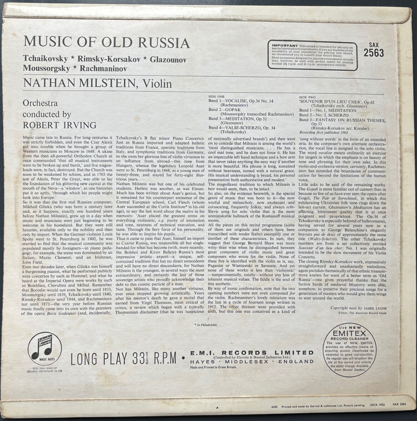 Pic 3 Music Of Old Russia - Nathan Milstein - orig. 1st. UK SAX 2563
